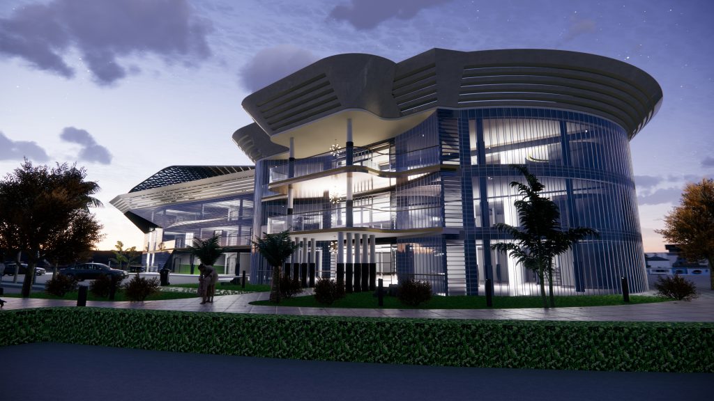 Modern-Contemporary Exterior Design & 3D Architecture Concept of Shopping Complex with Corporate Offices for Year 2025 by Architects of Hardbone International Pvt. Ltd. Islamabad, Pakistan.